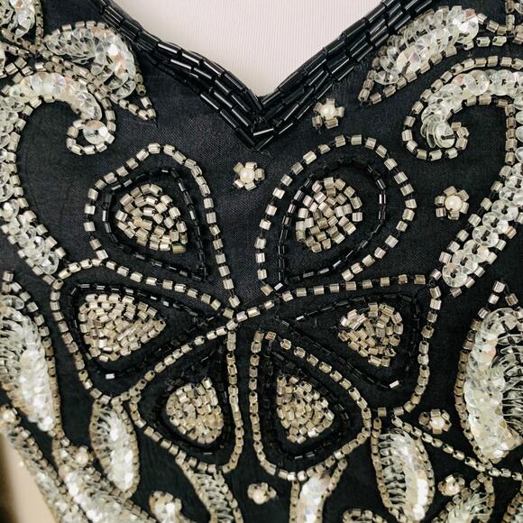 Vtg Laurence Kazar XL Dress 100% Silk Heavily Sequined Beaded Cut Out Back Black - Picture 7 of 14